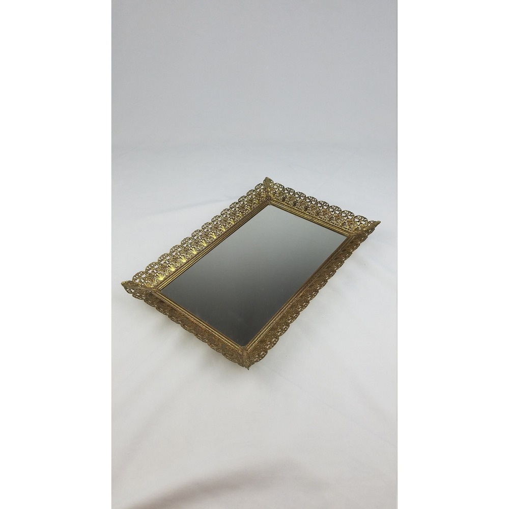 Vintage mirrored perfume vanity tray filigree edged mid‎ century